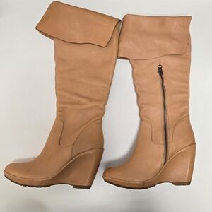 Tan Wedge Knee-High Leather  Boots